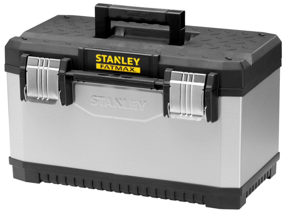 Skrzynka narzędziowa STANLEY Fatmax 1-95-617 skrzynka na białym tle widoczna od przodu pod skosem wymiary 660 × 293 × 293 mm waga 3,9 kg duża pojemność wytrzymałość