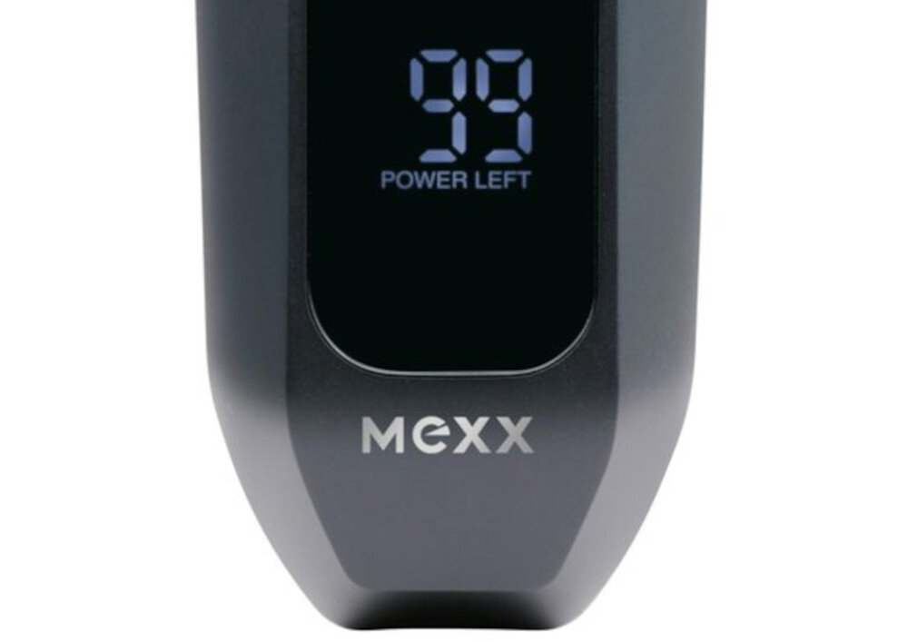 Na obrazie widoczny jest wyświetlacz golarki z napisem \'99 POWER LEFT\' oraz logo \'MEXX\' poniżej.