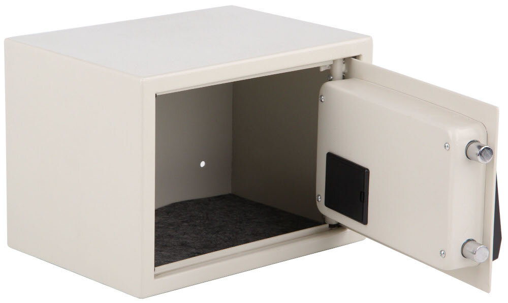 Sejf VOREL 78641 do bezpiecznego przechowywania niewielkie wymiary 350 x 250 x 250 mm montaz na podlodze lub w scianie zasilanie bateryjne 4 baterie 1,5 V typ AA