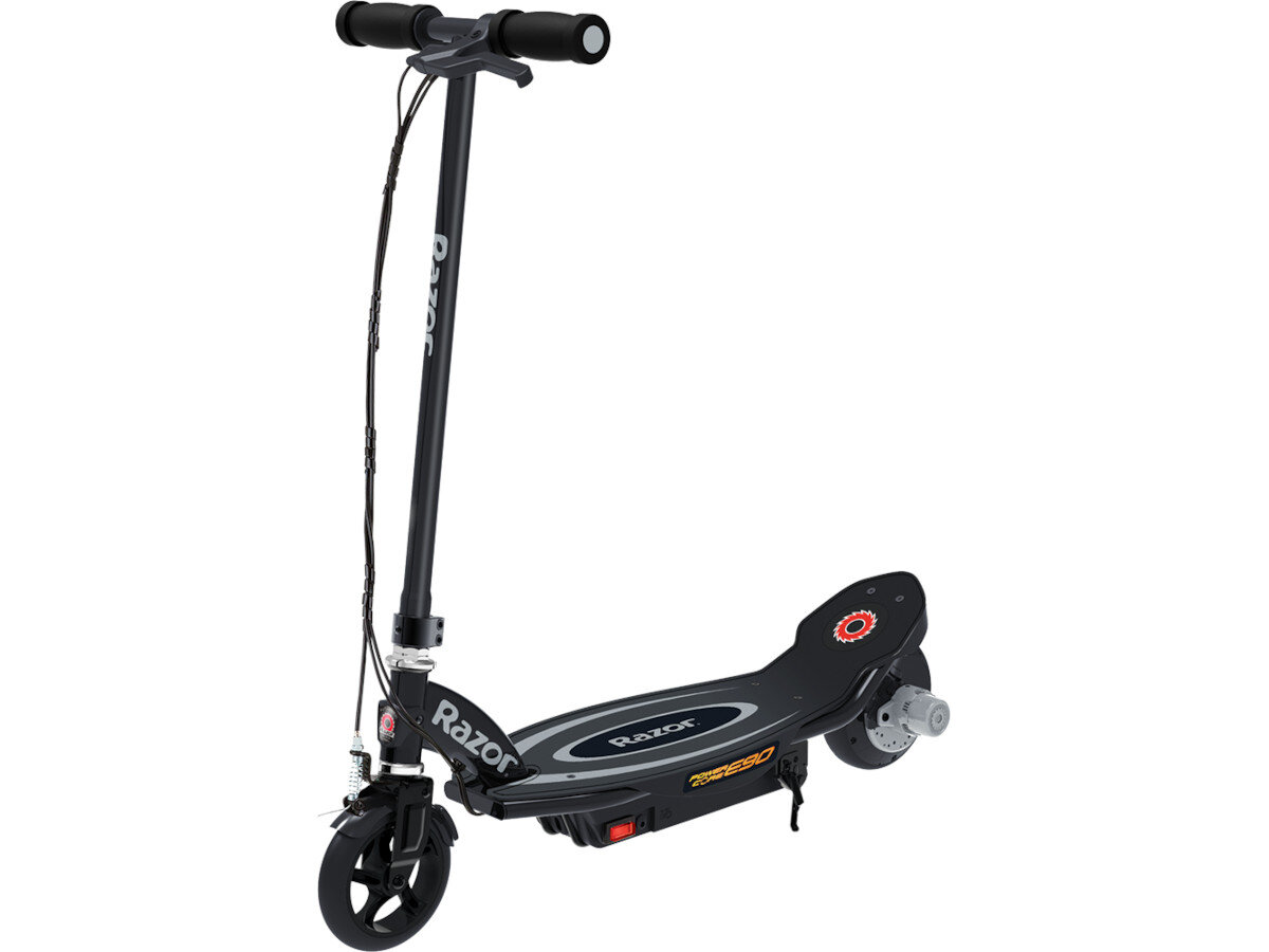Czarna hulajnoga elektryczna z logo \'Razor\' na kierownicy i platformie. Widoczny napis \'Power Core E90\' na boku platformy.