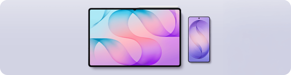 Obraz przedstawia duży tablet z wyświetlaczem o gradientowych kolorach niebiesko-różowych oraz mniejszy smartfon z podobnym wzorem na ekranie. Na tablecie znajduje się biały rysik umieszczony na górnej krawędzi.