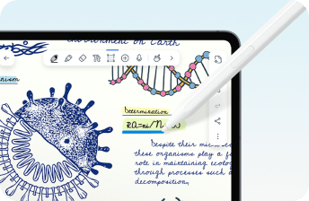 Obraz przedstawia ekran tabletu z rysikiem, na którym widoczne są notatki i rysunki naukowe, w tym ilustracje wirusów i DNA. Na ekranie znajdują się także ikony narzędzi do edycji.