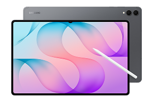 Tablet z dużym ekranem wyświetlającym kolorowe wzory, obok którego znajduje się biały rysik. Na obudowie widoczne jest logo \'SAMSUNG\'.