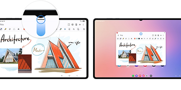 Samsung DeX na tablecie i monitorze umożliwia pracę w trybie komputerowym Dwa ekrany tabletu z wyświetlonymi aplikacjami do rysowania i edycji grafiki. Na jednym ekranie widoczny jest rysunek budynku z napisem \'Architecture\'.