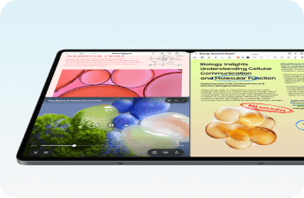 Tablet z dużym ekranem wyświetla różne treści, w tym kolorowe obrazy i teksty dotyczące biologii. Na ekranie widoczny jest także odtwarzacz wideo z przyciskami sterującymi.