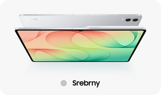 Obraz przedstawia srebrny tablet z dużym ekranem, na którym widoczne są kolorowe wzory. Obok tabletu znajduje się rysik, a poniżej napis \'Srebrny\'.