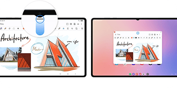 Samsung DeX na tablecie i monitorze umożliwia pracę w trybie komputerowym Dwa ekrany tabletów wyświetlają aplikacje do rysowania z kolorowymi szkicami budynków i tekstem \'Architecture\'. Na jednym z ekranów widoczny jest powiększony fragment z rysikiem dotykającym ekran.