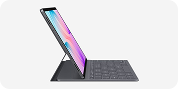 Packshoot Book Cover Keyboard Slim Tablet w kolorze szarym z klawiaturą i rysikiem, ustawiony w pozycji stojącej. Ekran wyświetla kolorowy gradient.