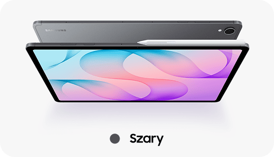 Packshoot Galaxy Tab S12+ w kolorze szarym Obraz przedstawia szary tablet z rysikiem umieszczonym na jego krawędzi. Na ekranie widoczne są kolorowe, abstrakcyjne wzory, a poniżej znajduje się napis \'Szary\'.