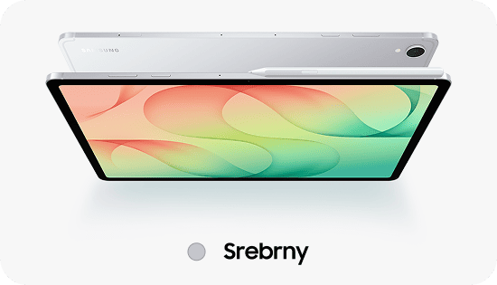 Obraz przedstawia srebrny tablet z rysikiem, z wyświetlaczem pokazującym kolorowe, abstrakcyjne wzory. Pod tabletem znajduje się napis \'Srebrny\'.
