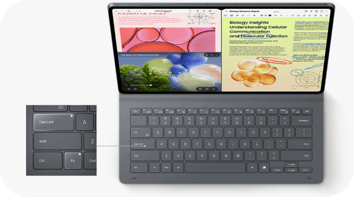 Tablet z klawiaturą, na ekranie widoczne są dwa dokumenty z tekstem i grafikami. Obok znajduje się zbliżenie na klawisze klawiatury, w tym \'Caps Lock\' i \'Shift\'.