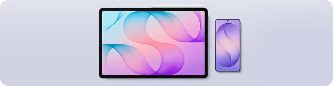 Obraz przedstawia tablet i smartfon z wyświetlonymi kolorowymi gradientami w odcieniach niebieskiego, różowego i fioletowego. Na tablecie znajduje się rysik umieszczony na górnej krawędzi.