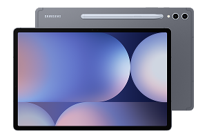 Tablet z dużym ekranem wyświetlającym abstrakcyjne, kolorowe wzory. Na obudowie widoczne jest logo \'SAMSUNG\' oraz dwa obiektywy aparatu.