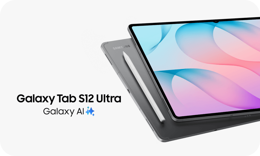 Tablet Samsung Galaxy Tab S12 Ultra z rysikiem S Pen i funkcjami Galaxy AI Obraz przedstawia tablet z dużym ekranem, obok którego leży rysik. Na ekranie widoczne są kolorowe wzory, a obok tabletu znajduje się napis: \'Galaxy Tab S12 Ultra Galaxy AI\'.
