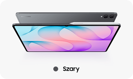 Packshoot Galaxy Tab S12 Ultra w kolorze szarym Obraz przedstawia szary tablet z dużym ekranem i rysikiem umieszczonym na jego krawędzi. Pod tabletem widnieje napis \'Szary\'.