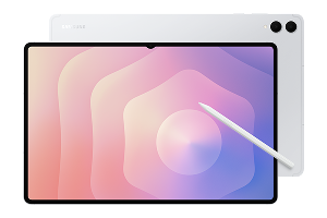 Tablet z dużym ekranem i rysikiem, z widocznym logo \'SAMSUNG\' na obudowie. Obok tabletu znajduje się rysik w kolorze białym.