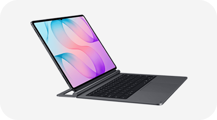 Packshoot Pro Keyboard Na obrazie widoczny jest tablet z dużym ekranem, podłączony do klawiatury. Ekran wyświetla kolorowy, abstrakcyjny wzór.
