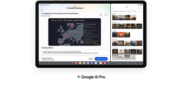 Tablet Samsung Galaxy z funkcjami sztucznej inteligencji Google AI Pro Tablet wyświetla mapę Europy z zaznaczonymi punktami oraz listę książek po prawej stronie ekranu. Na dole widoczne jest logo \'Google AI Pro\'.