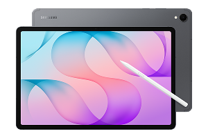 Tablet z dużym ekranem wyświetlającym kolorowe wzory, obok którego znajduje się biały rysik. Na obudowie widoczne jest logo \'Samsung\'.