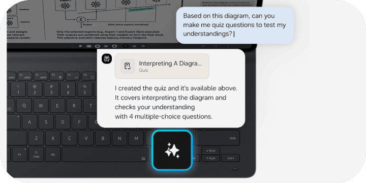Laptop Samsung Galaxy z funkcją AI tworzącą quiz na podstawie diagramu Obraz przedstawia klawiaturę z ekranem tabletu, na którym widoczny jest tekst: \'Based on this diagram, can you make me quiz questions to test my understandings?\' oraz \'I created the quiz and it\'s available above. It covers interpreting the diagram and checks your understanding with 4 multiple-choice questions.\'.