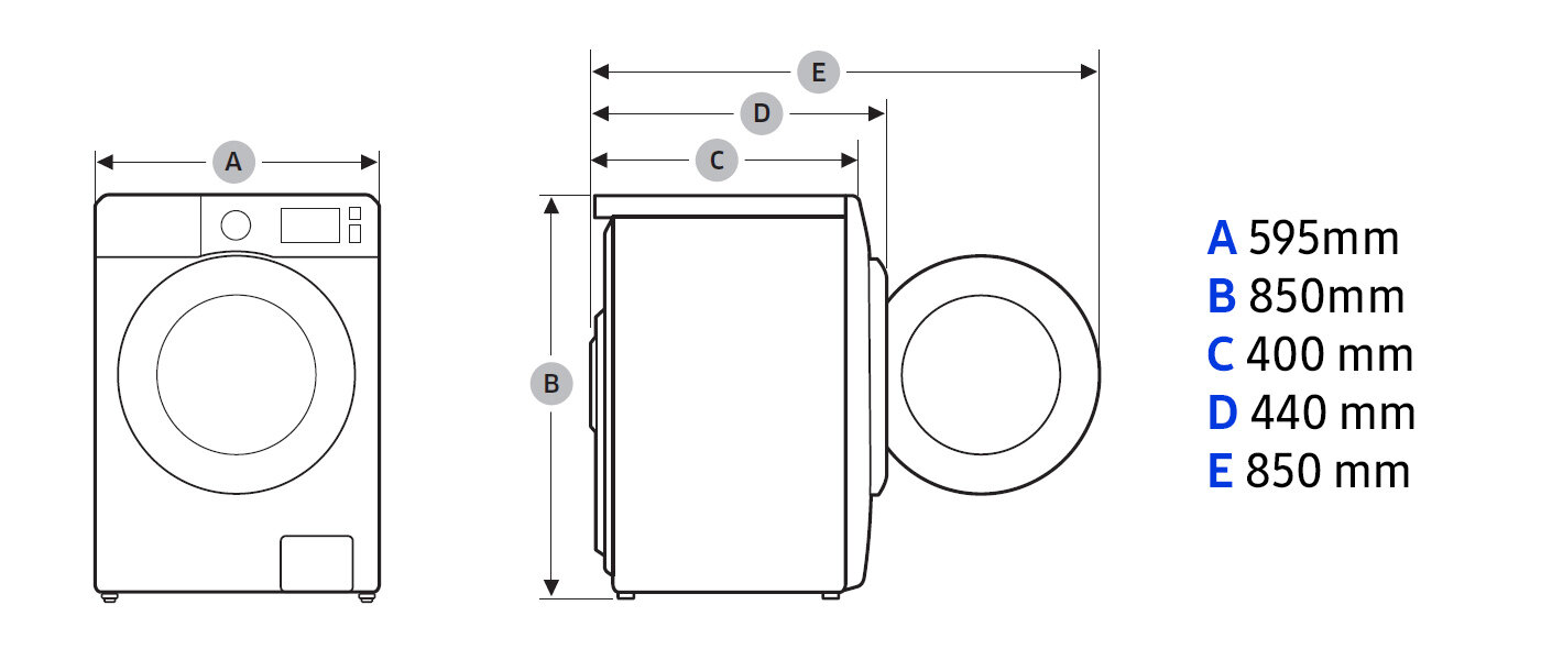 wymiary pralki Schemat pralki z wymiarami: A - 595mm, B - 850mm, C - 400mm, D - 440mm, E - 850mm.