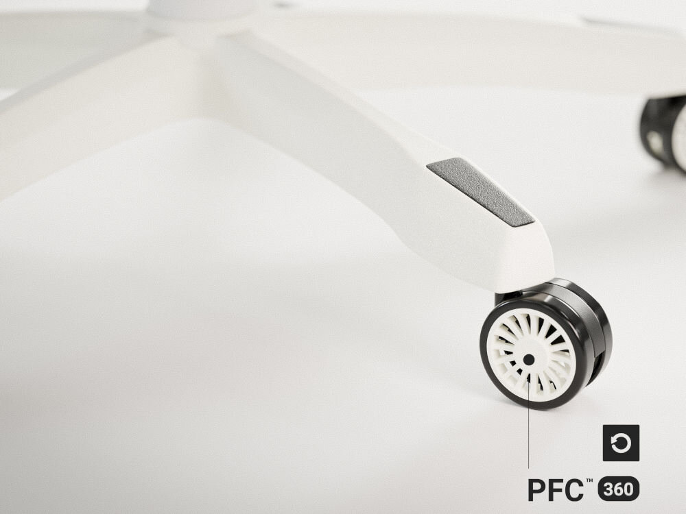 Biały element podstawy fotela z czarnym kółkiem, na którym widnieje napis \'PFC 360\'.