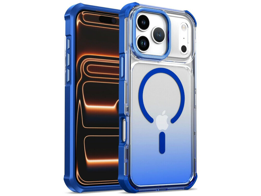 Obraz przedstawia niebieskie etui na telefon z przezroczystym tyłem i niebieskim okręgiem wokół logo Apple. Etui jest przeznaczone do modelu iPhone z trzema widocznymi aparatami.