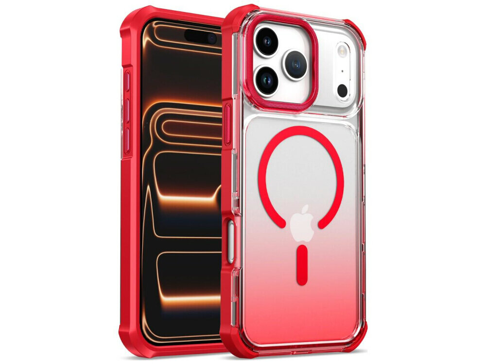 Obraz przedstawia czerwone etui na telefon z przezroczystym tyłem i czerwonym okręgiem wokół logo Apple. W tle widoczny jest telefon z wyświetlaczem pokazującym abstrakcyjne, pomarańczowe wzory na czarnym tle.