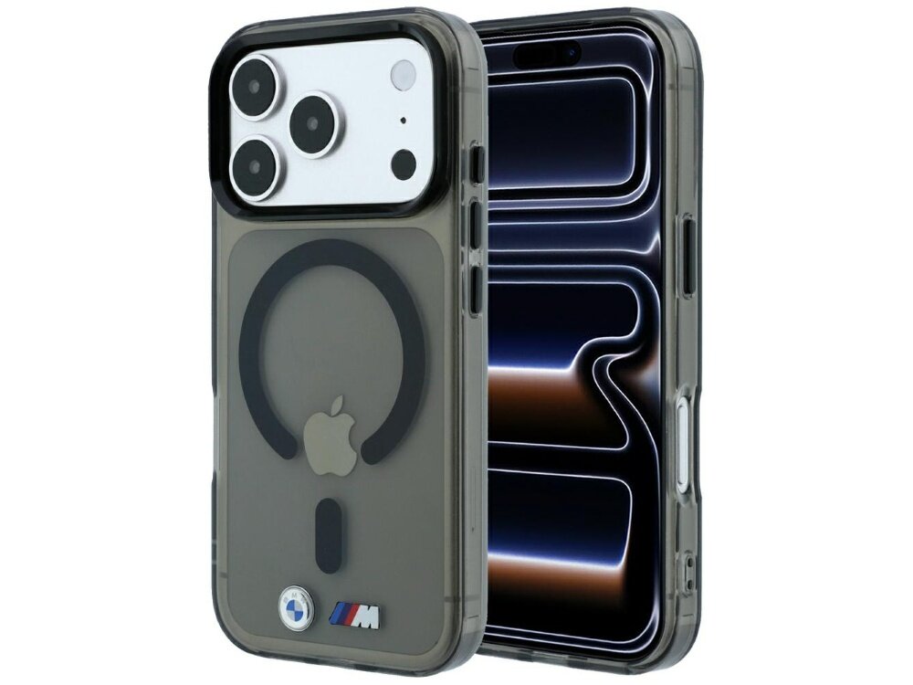 Na zdjęciu widoczne jest przezroczyste etui na telefon z logo Apple i BMW M. Etui posiada okrągły wzór sugerujący kompatybilność z MagSafe.