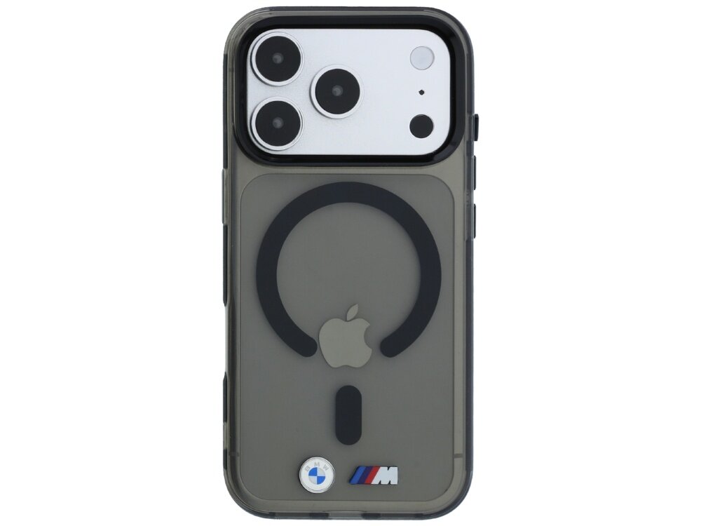 Czarne etui z logo BMW M i Apple, przeznaczone do telefonu z trzema aparatami i funkcją MagSafe. Widoczne są metalowe elementy i przezroczysta obudowa.