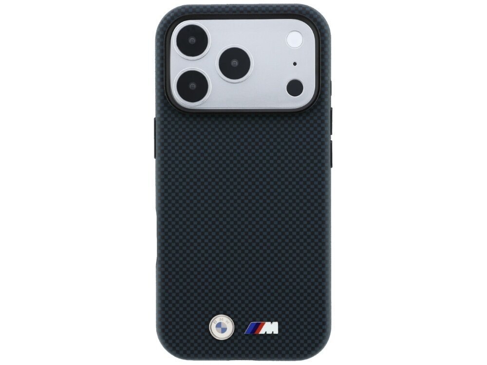 Etui na telefon w kolorze granatowym z teksturą przypominającą kevlar, posiada logo \'M\' oraz okrągły symbol na dole. Widoczne są trzy duże otwory na aparaty fotograficzne.