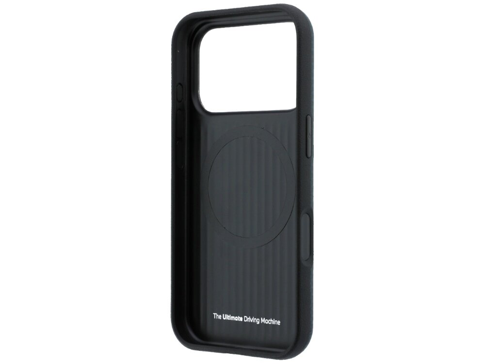 Czarne etui na telefon z dużym otworem na aparat i tekstem \'The Ultimate Driving Machine\' na dole. Wewnątrz widoczny jest okrągły wzór, prawdopodobnie miejsce na MagSafe.