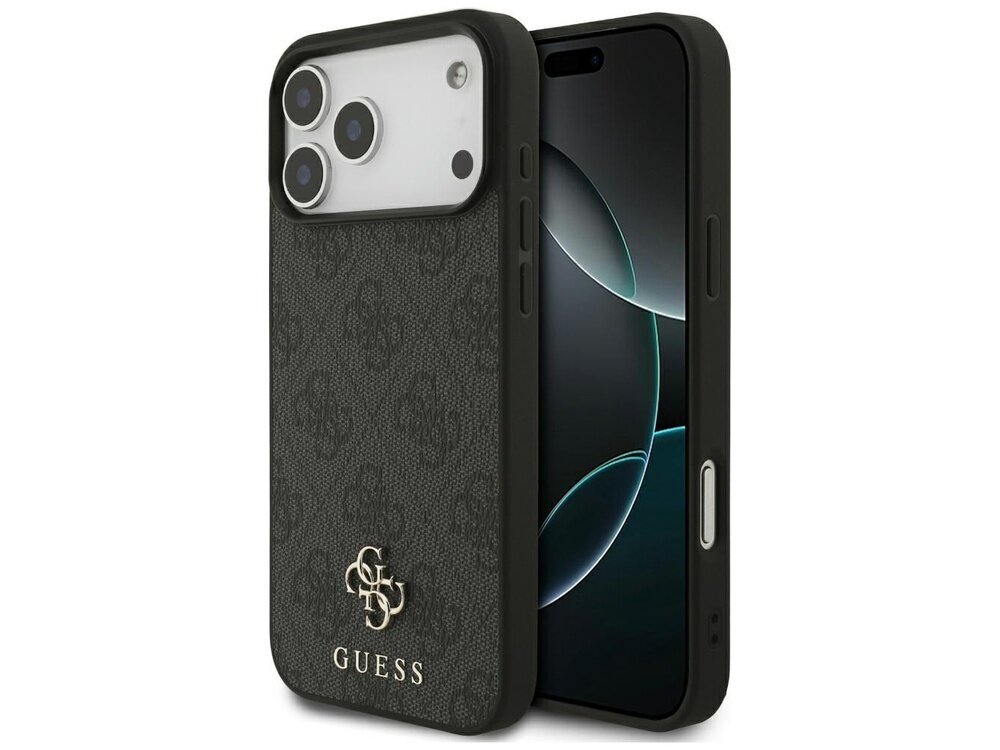 Czarne etui na telefon z logo GUESS i wzorem 4G, przeznaczone do Apple iPhone. Etui posiada wycięcia na aparat i przyciski boczne.