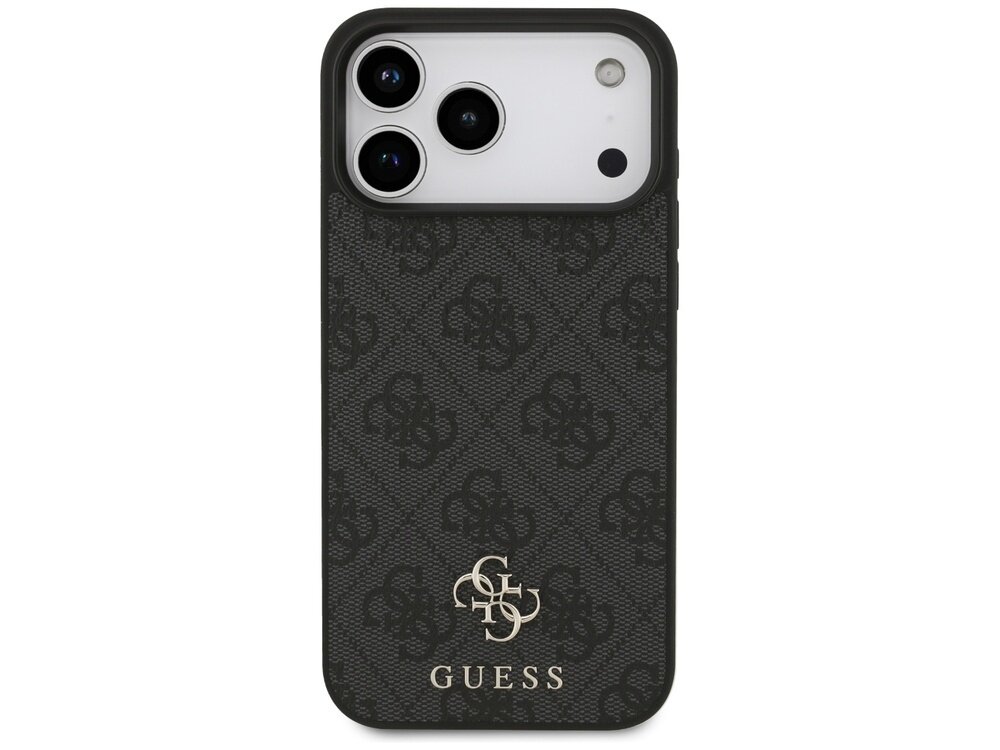 Czarne etui na telefon z wzorem 4G i logo GUESS w dolnej części. Etui posiada wycięcia na trzy obiektywy aparatu i inne elementy telefonu.