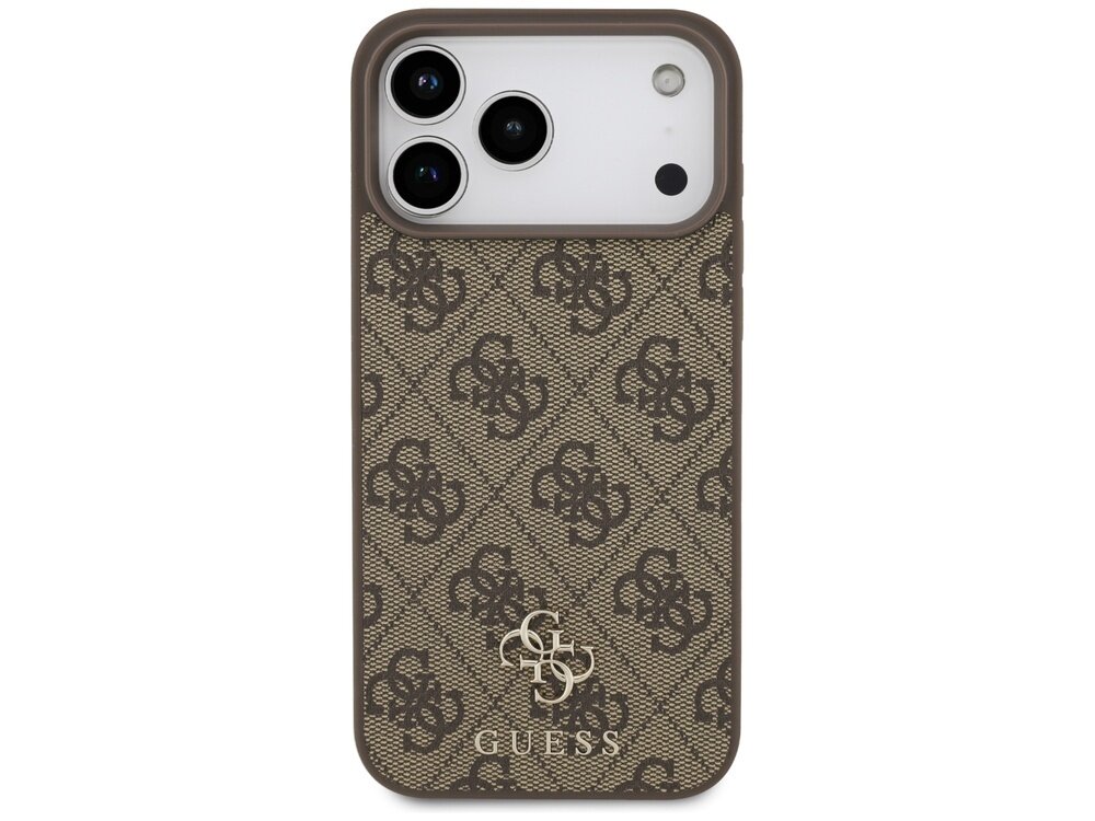 Brązowe etui na telefon z wzorem 4G i logo GUESS na dole. Etui posiada wycięcia na trzy obiektywy aparatu i inne elementy telefonu.