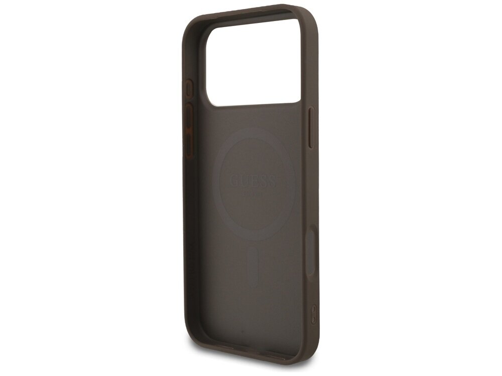 Brązowe etui na telefon z dużym otworem na aparat i przyciskami po bokach.
