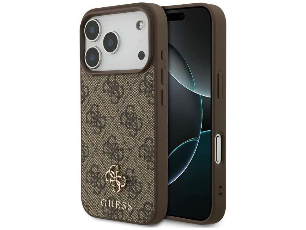 Brązowe etui na telefon z wzorem 4G i logo GUESS, przeznaczone dla modelu iPhone. Etui posiada wycięcia na aparat i przyciski boczne.