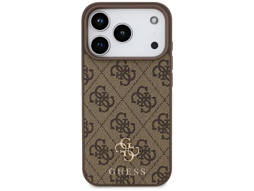 Brązowe etui na telefon z wzorem 4G i logo GUESS na dole. Etui posiada wycięcia na trzy obiektywy aparatu i dodatkowe otwory na inne elementy telefonu.