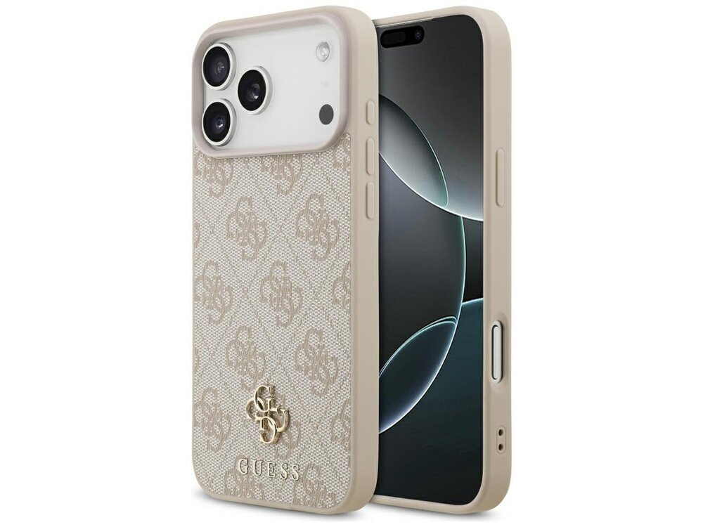 Etui na telefon z wzorem w logo GUESS, w kolorze różowym, z trzema otworami na aparat. Na dole widoczne jest metaliczne logo GUESS.