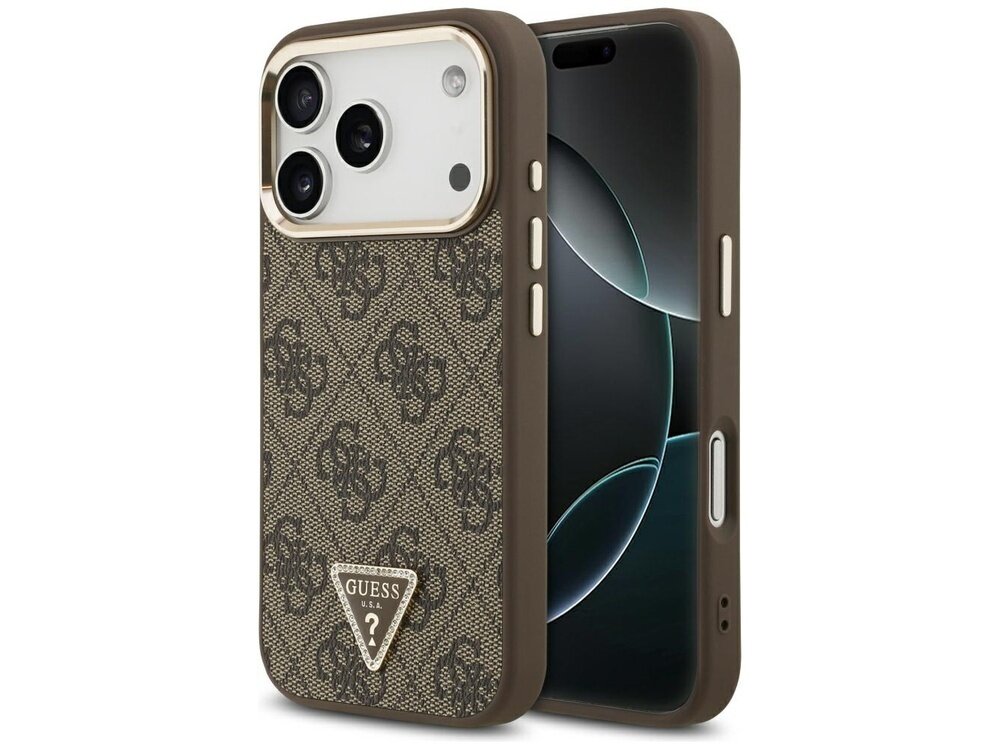 Brązowe etui na telefon z wzorem 4G i trójkątnym logo GUESS. Etui posiada wycięcia na aparat i przyciski boczne.