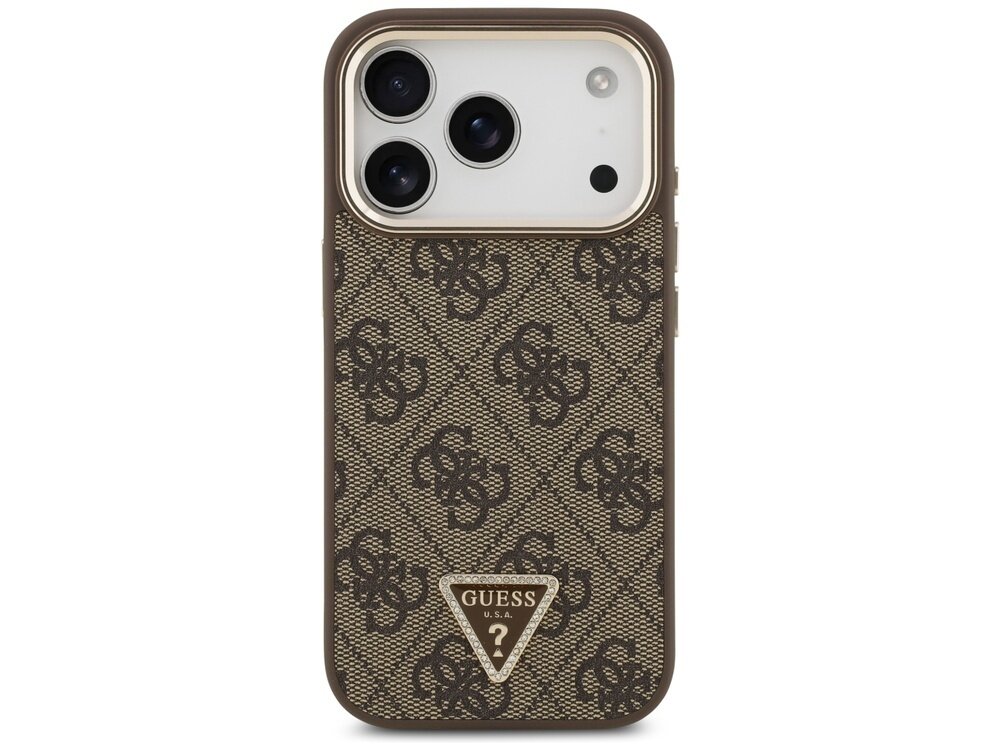 Brązowe etui na telefon z wzorem 4G i trójkątnym logo GUESS U.S.A. na dole. Etui posiada wycięcia na trzy obiektywy aparatu i dodatkowe otwory na inne elementy telefonu.
