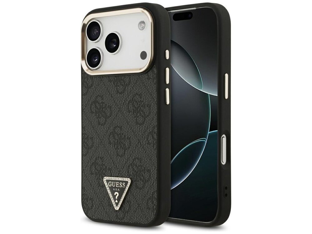 Czarne etui na telefon z logo GUESS w kształcie trójkąta na dole. Etui posiada wzór z delikatnym motywem i wycięcia na aparat oraz przyciski.