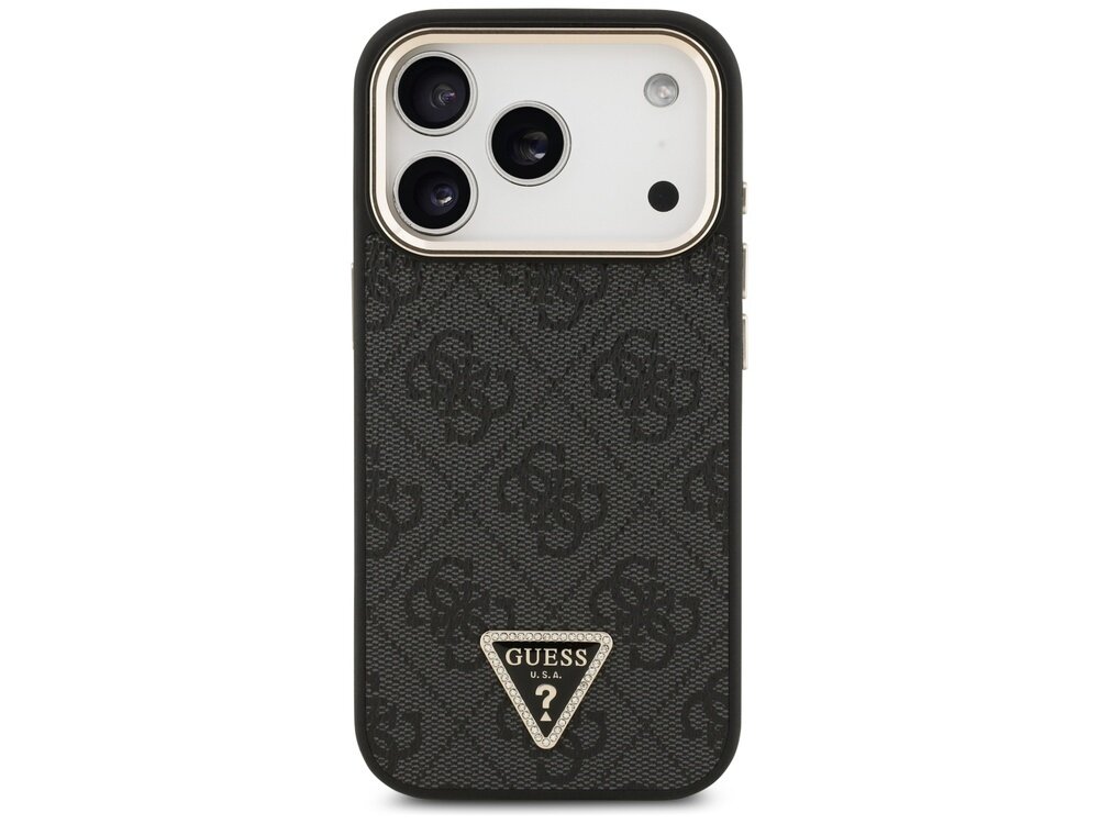 Czarne etui na telefon z wzorem 4G i trójkątnym logo GUESS U.S.A. na dole. Etui posiada wycięcia na trzy obiektywy aparatu i dodatkowe otwory na inne elementy telefonu.