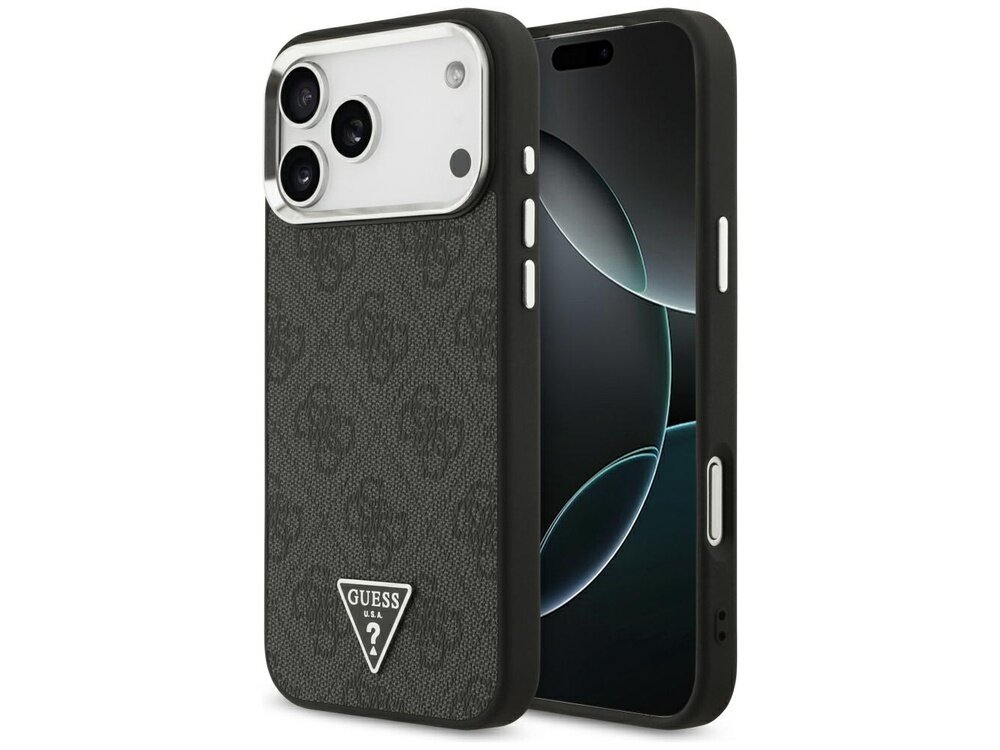 Czarne etui na telefon z wzorem i logo \'GUESS USA\' w kształcie trójkąta. Etui jest dopasowane do modelu telefonu z trzema aparatami.