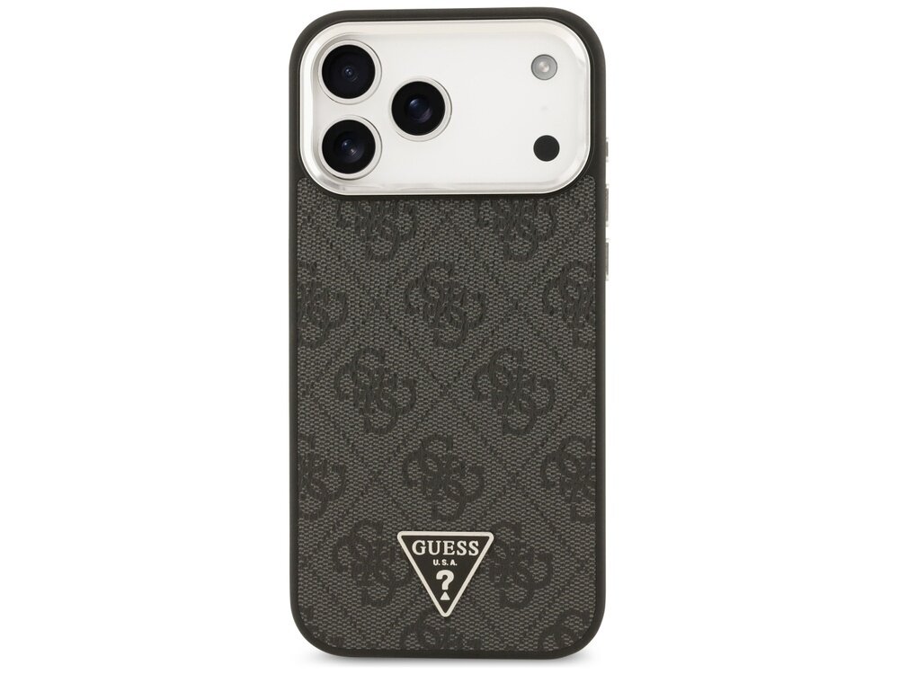 Czarne etui z wzorem 4G i trójkątnym logo GUESS U.S.A. na dole. Etui posiada wycięcia na trzy obiektywy aparatu i dodatkowy otwór na lampę błyskową.