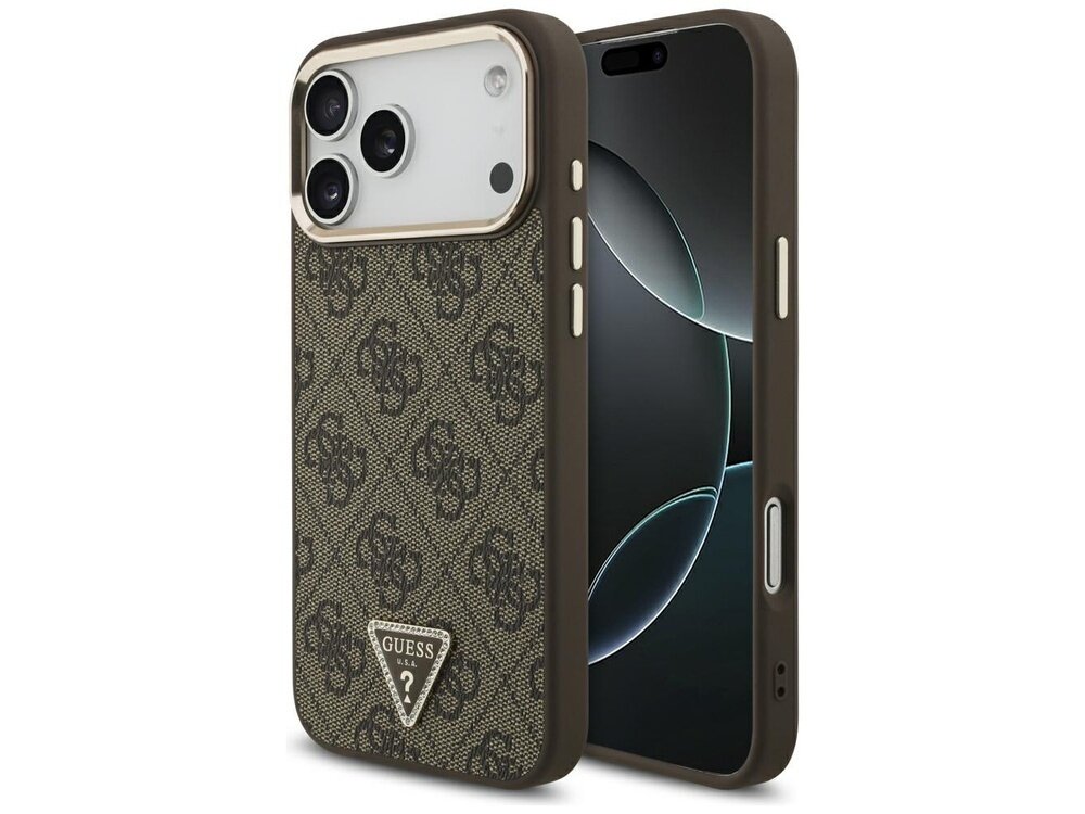 Brązowe etui na telefon z wzorem 4G i trójkątnym logo GUESS na dole. Etui jest dopasowane do modelu telefonu z trzema aparatami.