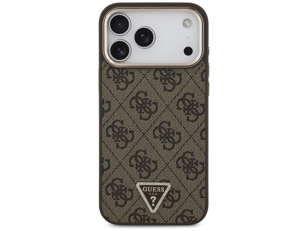 Etui na telefon z brązowym wzorem i logo GUESS U.S.A. w kształcie trójkąta na dole. W górnej części widoczne są trzy otwory na aparaty i jeden na lampę błyskową.