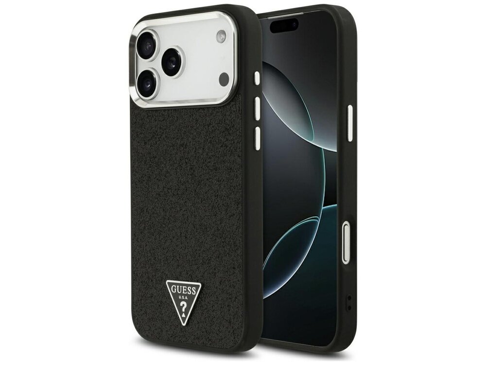 Czarne etui na telefon z logo GUESS w kształcie trójkąta na dole. Etui posiada wycięcia na aparat i przyciski boczne.