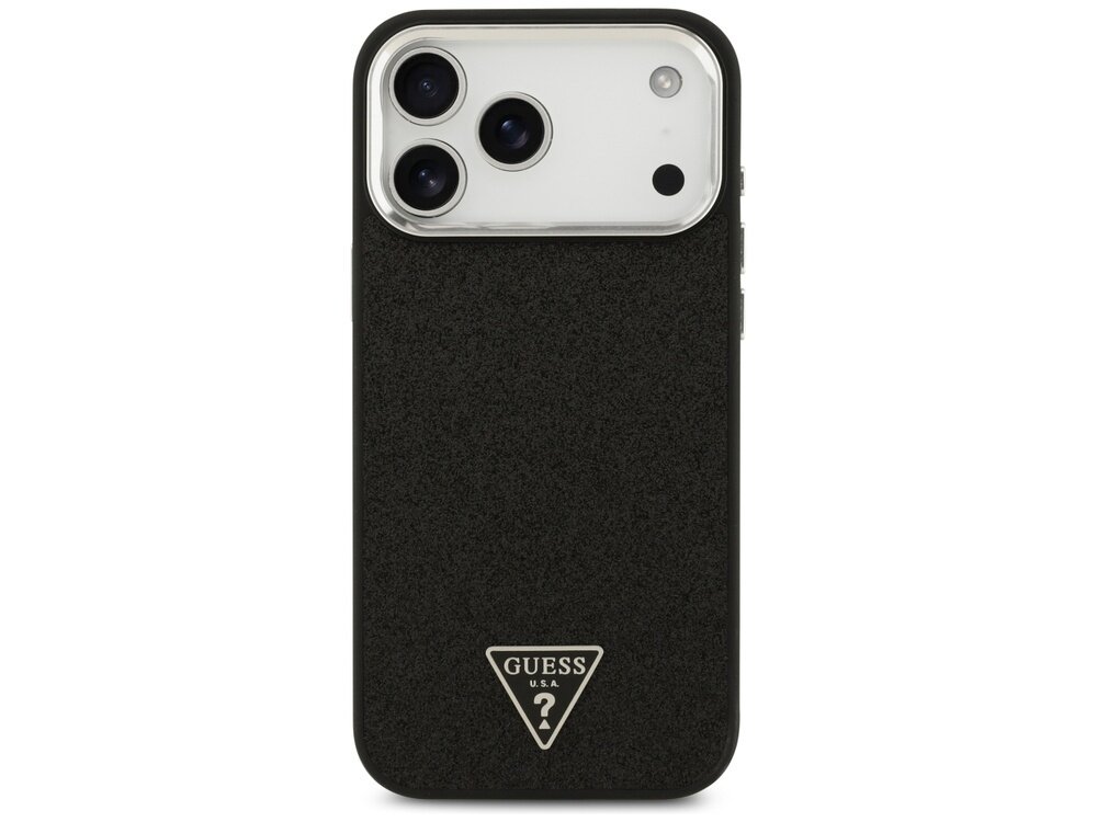 Czarne etui na telefon z trzema wycięciami na aparaty i logo \'GUESS U.S.A\' w kształcie trójkąta na dole. Powierzchnia etui ma teksturę przypominającą brokat.