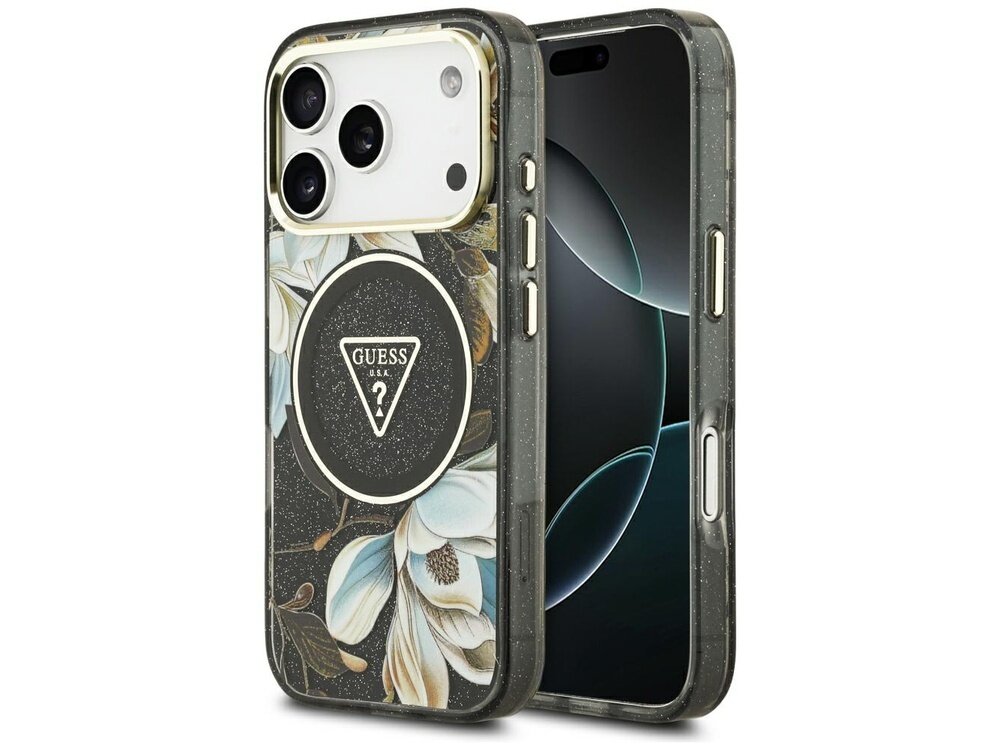 Etui na telefon z motywem kwiatowym i logo \'GUESS USA\' w kształcie trójkąta. Etui jest przeznaczone do telefonu z trzema aparatami i posiada funkcję MagSafe.